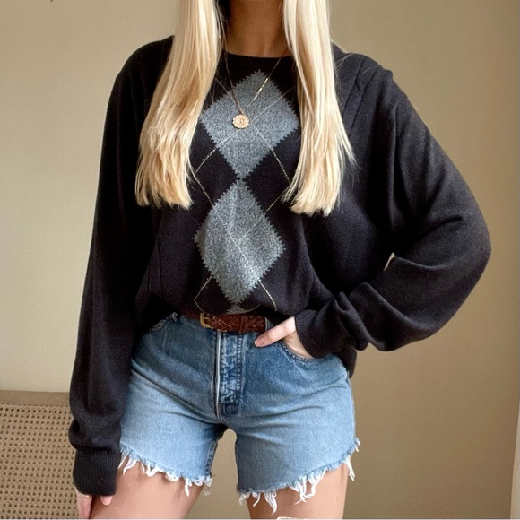 Vintage Diamond Argyle Crewneck Sweater in Chocolate Brown/Charcoal - Picture 1 of 4